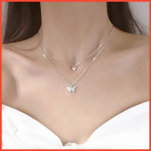 925 Hallmark Silver Butterfly Double Chain Necklace - Picture 4 of 4